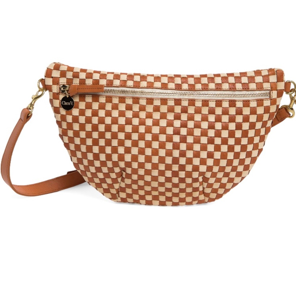 Like New Clare V. Grande Fanny - Natural and Cream Woven Checker